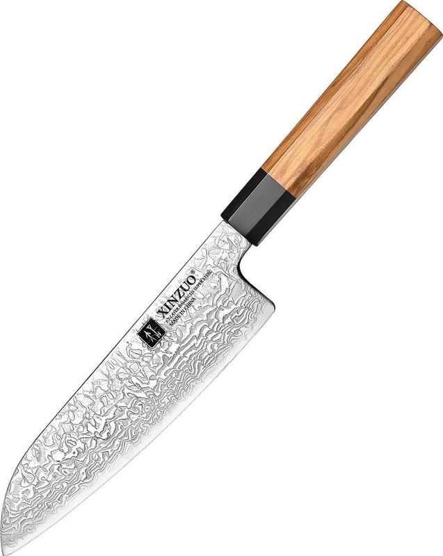 Professioneel Santokumes | Damascus staal (67 laags) | Octogonaal handvat van Olijfhout | Xinzuo PM8O Series