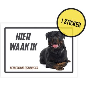 Sticker/ waakbord | ""Hier waak ik"" | Rottweiler| 15 x 10 cm | Waakhond | Hond | Chien | Dog | Betreden op eigen risico | Mijn huisdier | Permanente lijm | Rechthoek | Witte achtergrond | 1 stuk