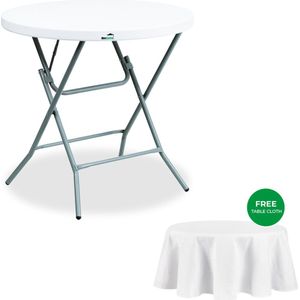 MaxxGarden Vouwtafel - Opvouwbare ronde tuin tafel - Klaptafel - Plooitafel - Inklapbare tafel - 60x74 cm - Wit - Incl. Tafelkleed