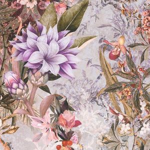 Bloemen behang Profhome 381773-GU glad vliesbehang zonder structuur met bloemmotief mat purper beige olijfgroen oranje 5,33 m2