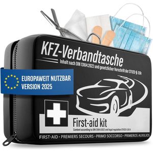 Auto verbanddoos - 2025 - Europees breed en getest (conform het Duitse verkeer) - EHBO - Kit EHBO - Tas voor auto's, DIN 13164 gecertificeerd, EHBO-tas - Zwart