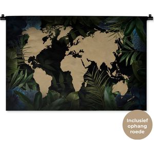 Wandkleed WereldkaartenKerst illustraties - Zandkleurige wereldkaart op zwarte achtergrond omlijst met bladeren en blauwe bloemen Wandkleed katoen 90x60 cm - Wandtapijt met foto