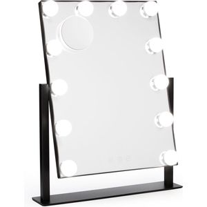 Behave Holywood Make Up spiegel met Verlichting - 12 LED bronnen - 3 Kleurstanden - Dimbaar - Incl USB kabel - 10x precisie spiegel - 44 x 35 cm - Zwart