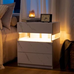 LED Nachtkastjes 3 Lades Dressoir voor Slaapkamer End Table met Acryl Board LED Nachtkastjes voor Slaapkamer Woonkamer Nachtkastje Meubilair (Witte Steen)