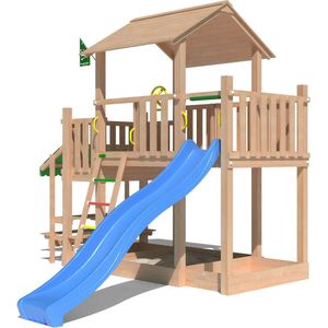 Jungle Gym speeltoestel van douglas hout - Jungle Valley met blauwe glijbaan - Tuin speeltoestel voor buiten met zandbak, picknicktafel en klimladder