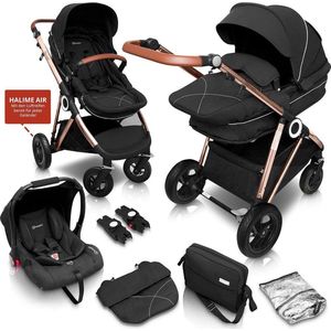 BabyGO Halime Air - Combi Kinderwagen - Goudkleurig frame - Zwart (incl. autostoel)