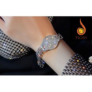 Fiory Armband Strass Steentjes| Dubbele ketting armband| Embleem full strass steentjes| 18 cm lang| zilver