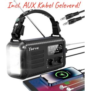 Yarvu - Pro 1 - 20.000 MAH Noodradio - Opwindbaar + Accu + SOS + IPX3 Waterproof + Solar - 3.5MM AUX/Earphone ingang (incl AUX Kabel) - Nood Radio - Noodlamp - Zwart
