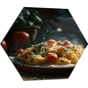 Dibond Hexagon - Spaghetti - Tomaten - Kaas - Eten - Bord - 60x52.2 cm Foto op Hexagon (Met Ophangsysteem)