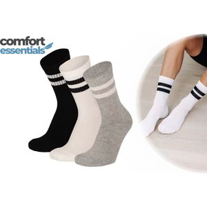 Comfort Essentials - Sport Sokken Heren - 3 paar - Wit Zwart Grijs - 42/47 - Sportsokken Heren - Sokken met Strepen - Tennissokken Heren - Hardloopsokken Heren