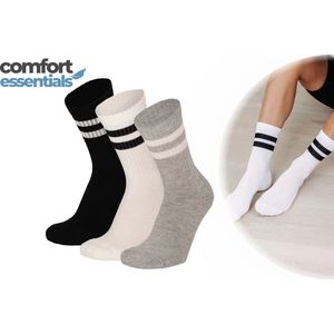 Comfort Essentials - Sportsokken Dames - 3 paar - Wit Zwart Grijs - Sportsokken Dames - Sokken met Strepen - Tennissokken Dames - Hardloopsokken Dames