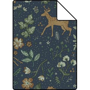 Proefstaal ESTAhome behang bos met bosdieren donkerblauw en beige - 139588 - 26,5 x 21 cm
