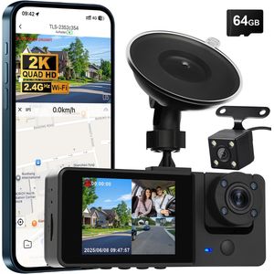 JVJH 3-kanaals dashcamera met nachtzicht en 2,35-inch display – incl. 64 GB-kaart Dashcam