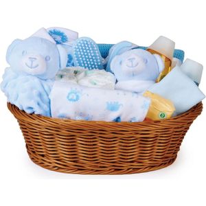 Wasmandje als Babycadeau voor jongen - Babykleertjes Rammelaar - Dekbed met Teddybeer - Kraamcadeau met Babybenodigdheden