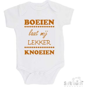 100% katoenen Romper ""Boeien laat mij lekker knoeien"" Unisex Katoen Wit/tan Maat 62/68