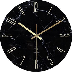 LW Collection wandklok glas marmer zwart goud 30cm - kleine klok - stille wandklok - keukenklok stil uurwerk