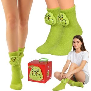 Grinch Dames, WARME, PLUCH, hoge sokken, KERSTSOKKEN in een CADEAUVERPAKKING