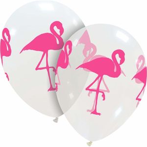 Flamingo ballonnen, 6 stuks, 30 cm, latex, wit/transparant bedrukt met flamingo's