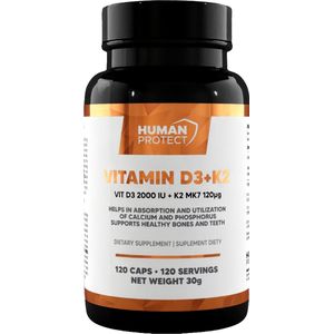Human Protect - Vitamin D3+K2 - 120 caps - 120 doseringen - Vitamin D3 - Vitamine D3 - Vitamine D - Vitamine D3 K2 - Vitamine K - Vitamine K2