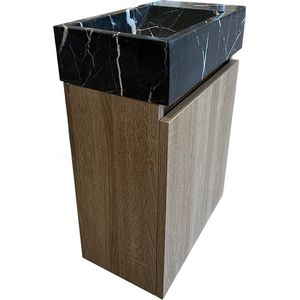 Mawialux Fonteinset - Onderkast (Brown Oak) + Toilet fontein Zonder Kraangat (Zwart Wit)