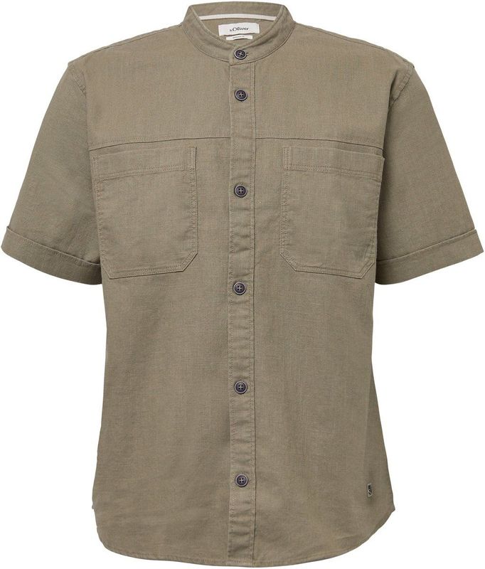 Relaxed Fit Overhemd - Katoen-Linnenmix - Korte Mouwen - Opstaande Kraag - Borstzak