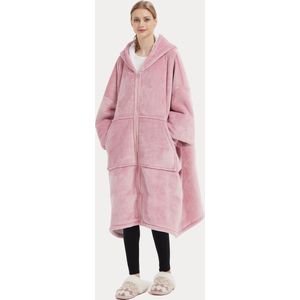 Hoodie Deken Extra LANG met RITS – Hoge Kwaliteit Sherpa Fleece – West - 120 cm – Vrouwen Roze