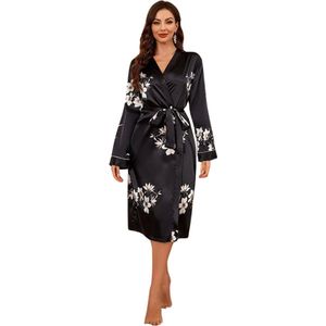 Livano Satijnen Badjas Dames - Kimono - Kamerjas - Satijn - Ochtendjas - Pyjama - Zwart - Maat M