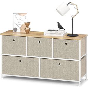 Commode met 5 lades van stof, dressoir, metaal, ladekast, tv box, organizer, kledingopslag, bijzettafel voor hal, slaapkamer, keuken, woonkamer, kantoor, staal, hout, wit & beige