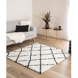 Vierkant hoogpolig vloerkleed ruiten Artisan - wit/zwart 160x160 cm