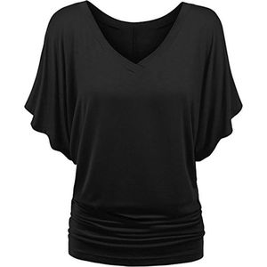 ASTRADAVI Damesmode - Top - Elegant V-hals shirt met vleermuismouwen - Batwing Blouse met met elastische zijkanten - Zwart / Small
