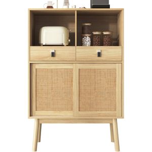 Dressoir 80 x 39,5 x 120 cm, deuren met echt rotan vlechtwerk, twee lades, twee deuren en twee open vakken, 28 cm hoge tafelpoten