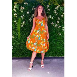 Dames jurk Heleen gebloemd motief oranje groen wit geel bruin licht turquoise blauw strandjurk Maat 36-44