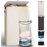 HENNEZ Wasmand met deksel van 100L opvouwbaar met bamboe frame - inclusief waszak - beige