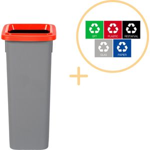 Plafor Fit Bin, Prullenbak voor afvalscheiding - 20L – Grijs/Rood - Inclusief 5-delige Stickerset - Afvalbak voor gemakkelijk Afval Scheiden en Recycling - Afvalemmer - Vuilnisbak voor Huishouden, Keuken en Kantoor - Afvalbakken - Recyclen