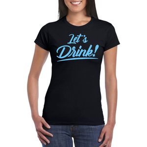 Bellatio Decorations Verkleed T-shirt voor dames - lets drink - zwart - blauwe glitters - glamour XS