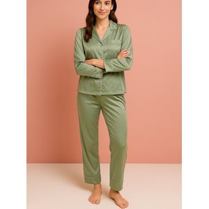 Kimomi Satijnen Pyjama Dames – Luxe Loungewear & Nachtkleding – Homewear Set met Lange Broek – Groen - Maat M