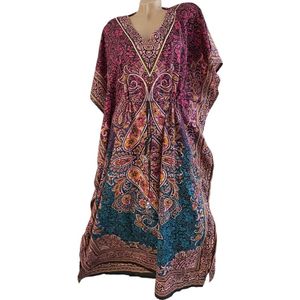 Kaftan - Jurk 130CM lang Paisleyprint Kleuroverloop met aantrekkoord One size roze/blauw