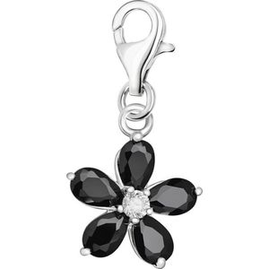 Quiges – 925 - Zilver – Charm - Bedel - Hanger - Zwarte Zirkonia Bloem - met – sterling - zilver - karabijnslot - geschikt - voor -Bedelarmband HC108