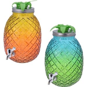 Set van 2x stuks glazen drank dispensers ananas geel/oranje en blauw/groen 4,7 liter - Dranken serveren - Drankdispensers