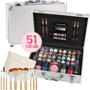 Grijze Make Up Koffer Meisjes Met Inhoud 51-Delig - Make Up Koffer Kinderen - Make Up Koffer Gevuld - Set Inclusief Kwasten & Reis Etui- Grijze Beautycase Meisjes - Veganistische Cosmetica - Grijs - ‎26 x 19 x 9 cm