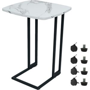 Bijzettafel C-vormige banktafel met wielen, salontafel van wit marmer textuur MDF, salontafel met metalen frame, woonkamertafel voor koffie, laptop, balkon, 40 x 40 x 61 cm (L x B x H)