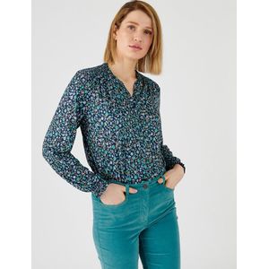 Damart - Gesmokte blouse in warm, gebloemd stretchtricot - Dames - Blauw - XS
