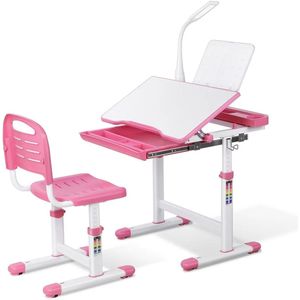Kinderbureau set met stoellade en leesstandaard - Roze studietafel en stoel voor kinderen 3-10 jaar - Roze - 66,5 x 50 x 54–76,5 cm