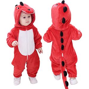 Unisex Kinder Kostuum Flanellen Dieren Overall met Kap voor Baby's en Peuters (Rode Dinosaurus, 6-12 Maanden)