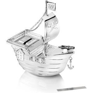Spaarpot Piratenboot Zilver - Graveerplaatje en Verzilverd Design