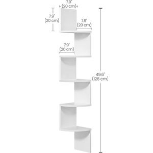 hoekplank, wandplank met 5 planken, zwevende plank -20D x 20B x 126H centimeter -S-vorm, voor keuken, slaapkamer, woonkamer, studeerkamer, kantoor, wit