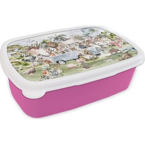 Broodtrommel Roze - Lunchbox - Brooddoos - Jungle - Bus - Dieren - Kinderen - Planten - 18x12x6 cm - Kinderen - Meisje