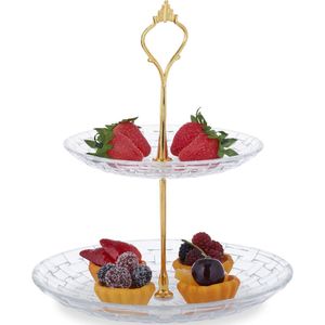 Relaxdays etagere 2 laags - 23 x 20 cm - ronde serveerschaal - glas - ijzer - transparant-goud