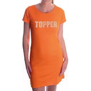 Glitter Topper jurkje oranje met steentjes/ rhinestones voor dames - Glitter kleding/ foute party outfit M