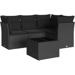 vidaXL Loungeset 5-delig - Poly Rattan - Zwart Tuin Lounge Set - Loungebank - Buitenbank - Eetkamerset - Garden Furniture